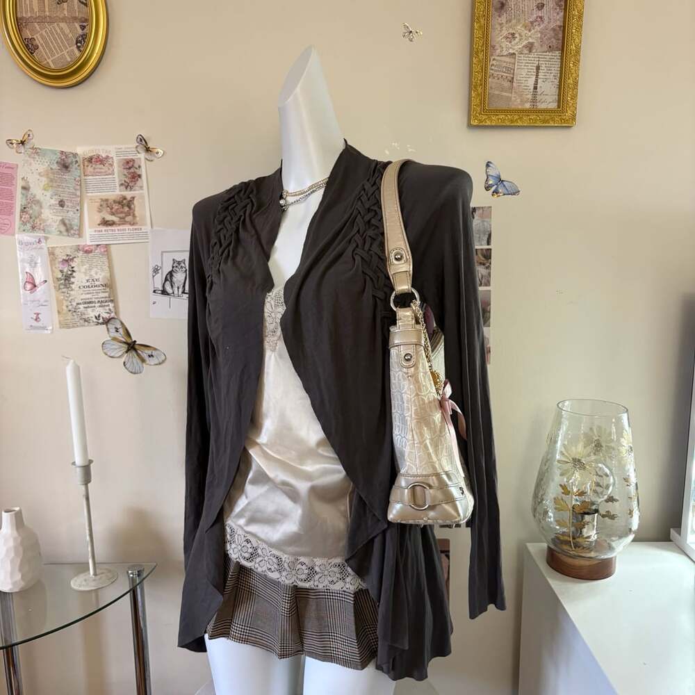 Ett Twa Anthropologie Gray Draped Braided Open Front Cardigan Duster
